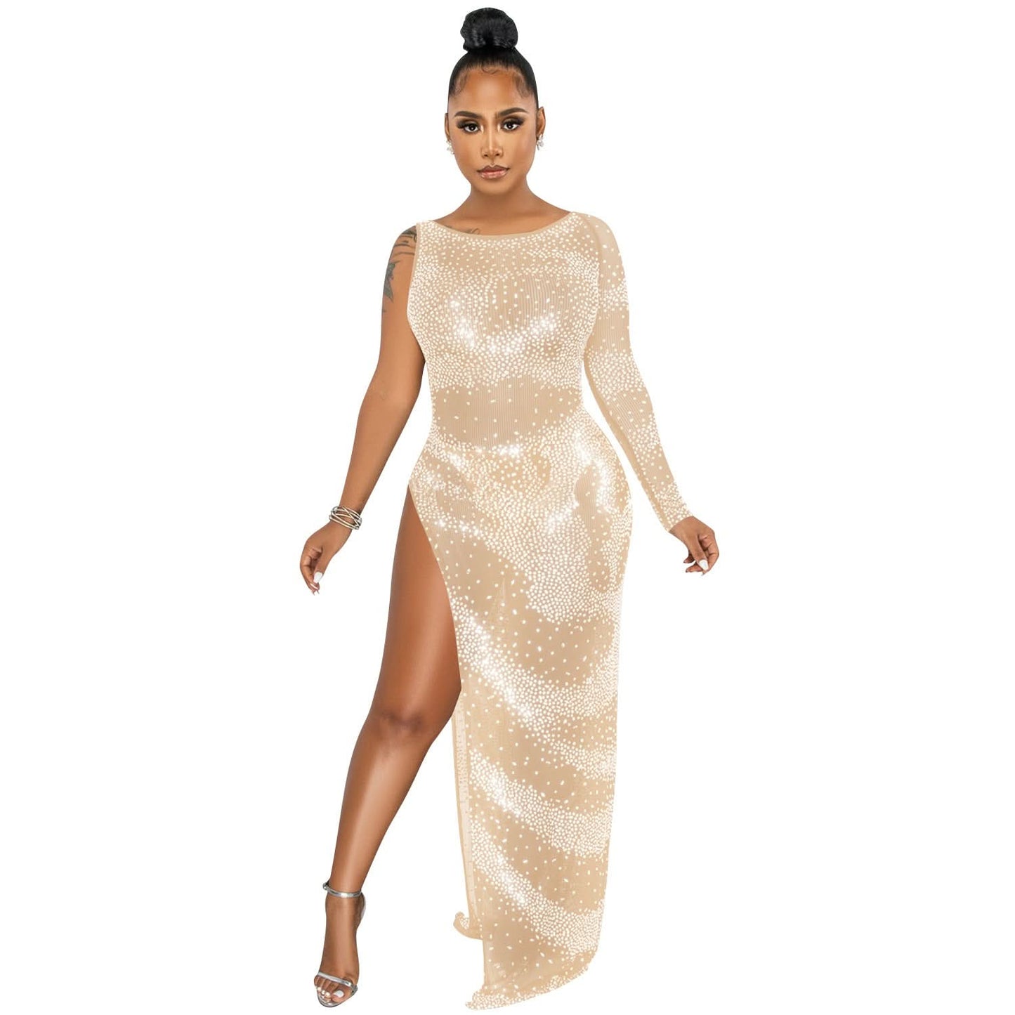 Fashion Sexy Nachtclub Strass Einarm Langarm Unregelmäßiger Schlitz Maxikleid