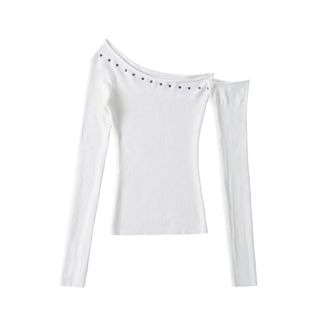 Solid color off shoulder top with sloping shoulders