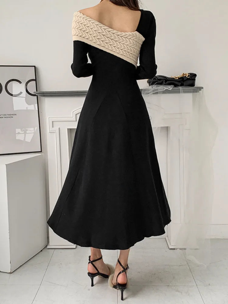 Irregular Collar Knit Spliced Dress For Women Fashion Contrast Color Niche Design Vestido Autumn New Tide