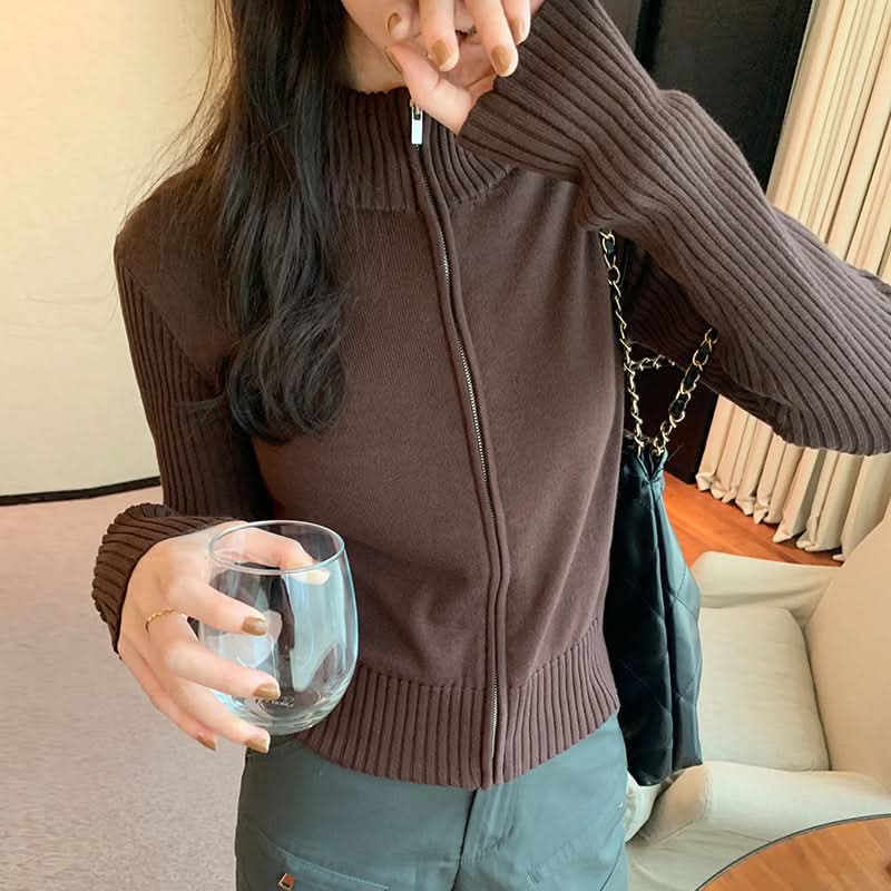 Simple High Neck Knit Cardigan Top for Women,Versatile, Slim Fit, Zipper Sweater Coat