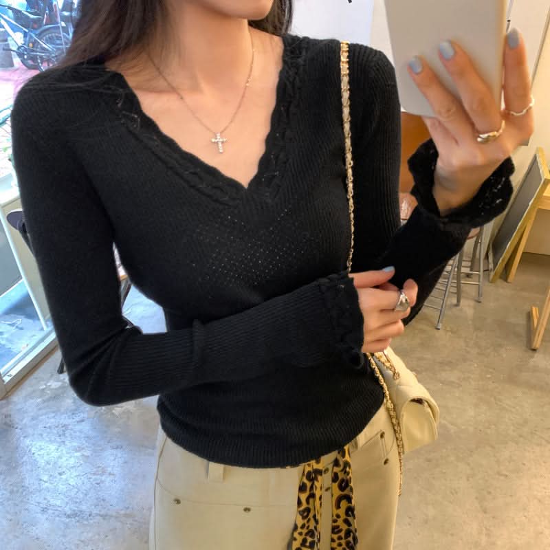 Eleganter violetter V-Ausschnitt-Strickpullover für Damen, schmal geschnitten, Langarm, Freizeitkleidung
