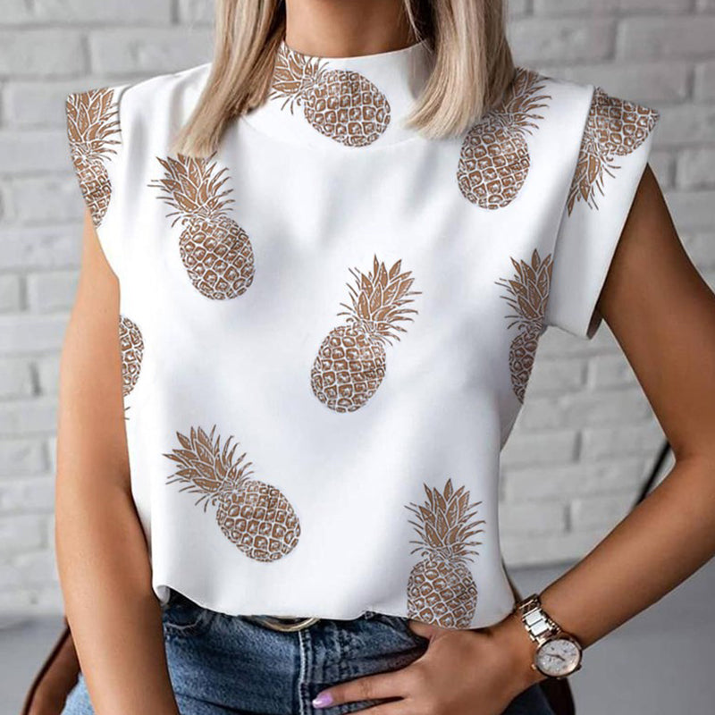 Women Elegant Lips Print Blouse Shirts Summer Casual Stand Neck Pullovers Tops Ladies Fashion Cute Eye Short Sleeve Blusa