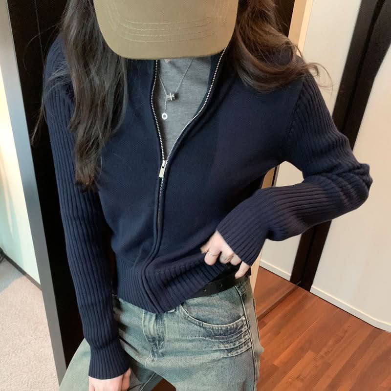 Simple High Neck Knit Cardigan Top for Women,Versatile, Slim Fit, Zipper Sweater Coat