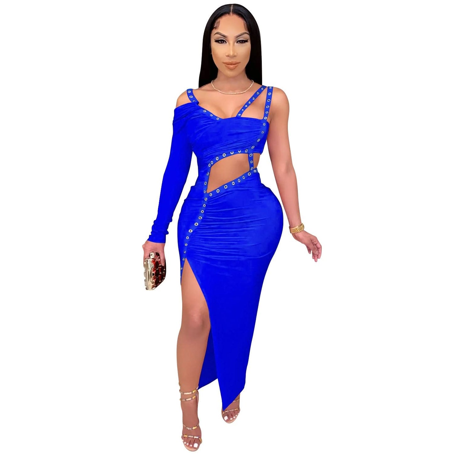 Sexy Damen Clubkleid mit unregelmäßigem Cut-Out Langarm-Abendkleid