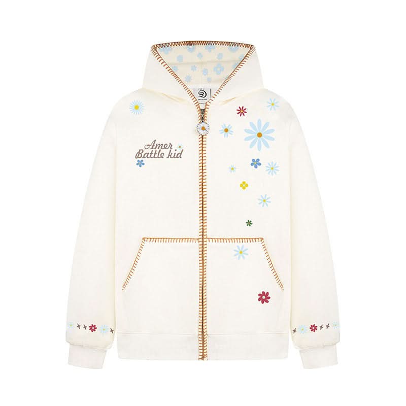 Floral Embroidery Hooded Sweatshirt Unisex Loose Casual Outerwear