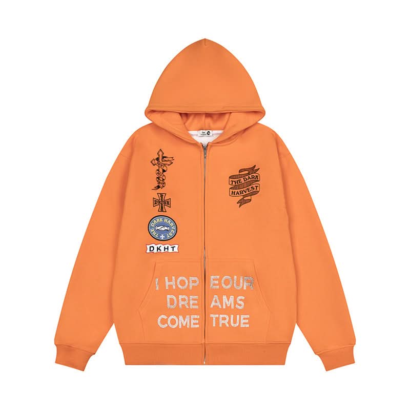Bestickter Kapuzenpullover mit Reißverschluss Unisex Locker Vielseitige Fleece-gefütterte Jacke Trendig