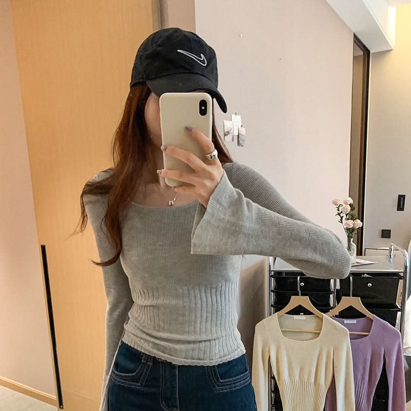 Unique Square Neck Flared Long Sleeve Fitted Knit Top for Women Slim Fit Upper Wear
