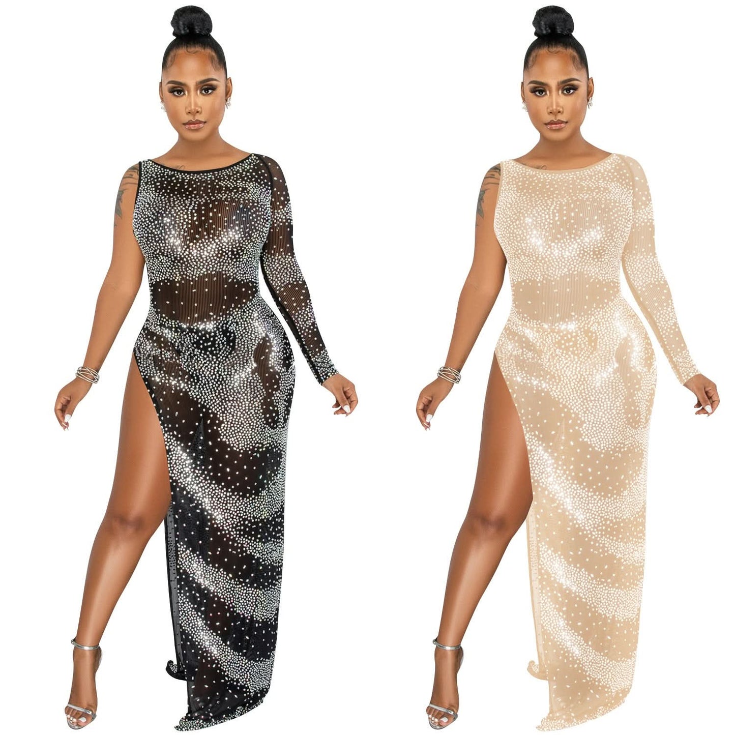 Fashion Sexy Nachtclub Strass Einarm Langarm Unregelmäßiger Schlitz Maxikleid