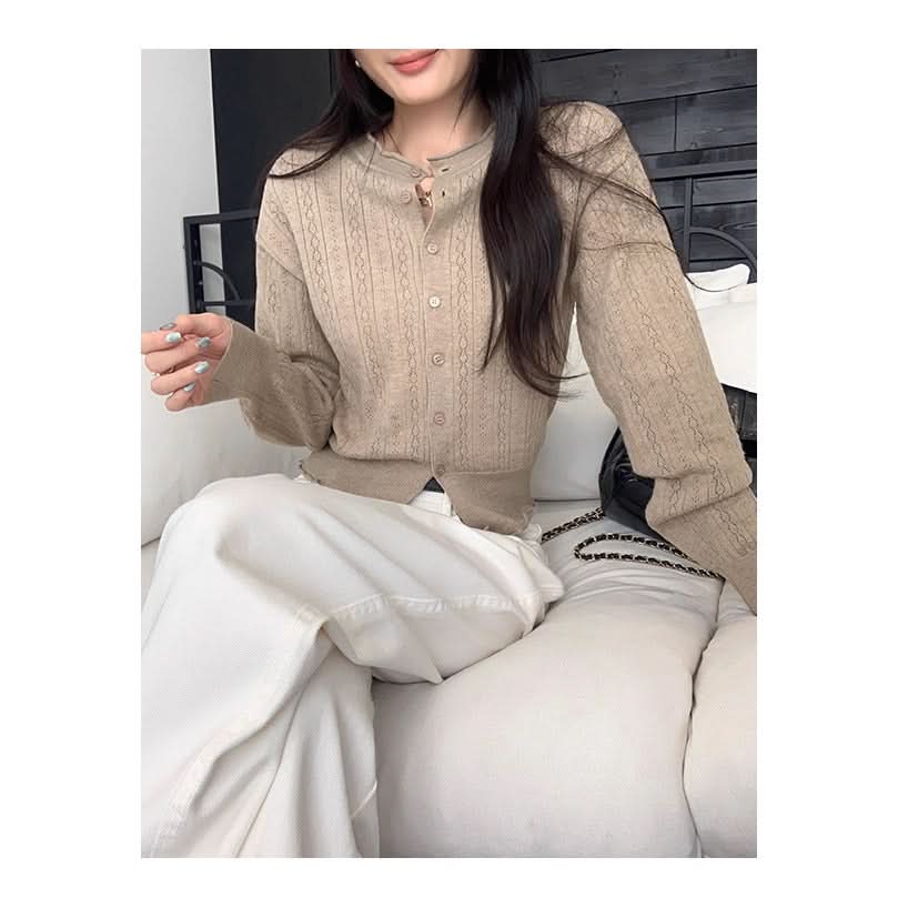 Preppy Style Hollow Out Pattern Round Neck Knit Cardigan Coat for Women