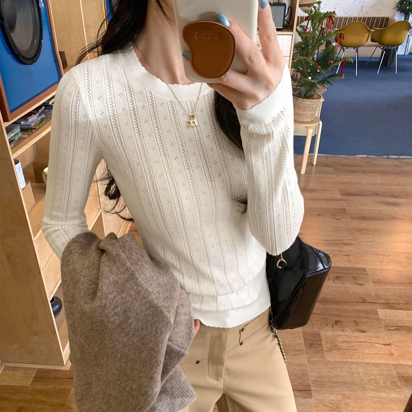 Einzigartiges, ausgeschnittenes, figurbetontes Strickoberteil mit Rundhalsausschnitt für Damen, elegantes und figurschmeichelndes Unterzieh-Top
