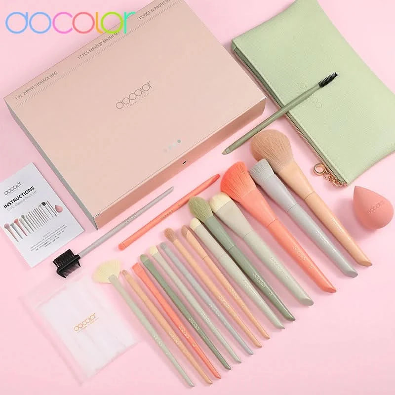 Docolor 17-teiliges Make-up-Pinsel-Set Lidschatten Rouge Puder Verblenden Foundation Kosmetikpinsel mit Make-up-Schwämmen und Tasche