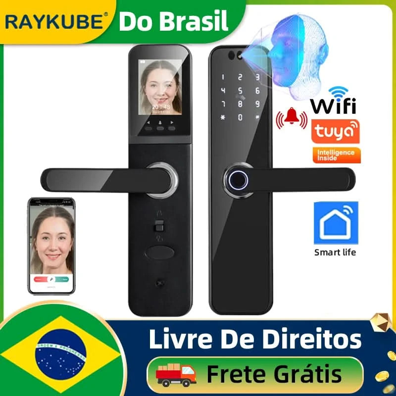 Aus Brasilien RAYKUBE K12 mit wiederaufladbaren Lithiumbatterien Tuya WiFi Kamera Elektronisches Schloss 3D-Gesicht Fingerabdruck Smart Türschloss
