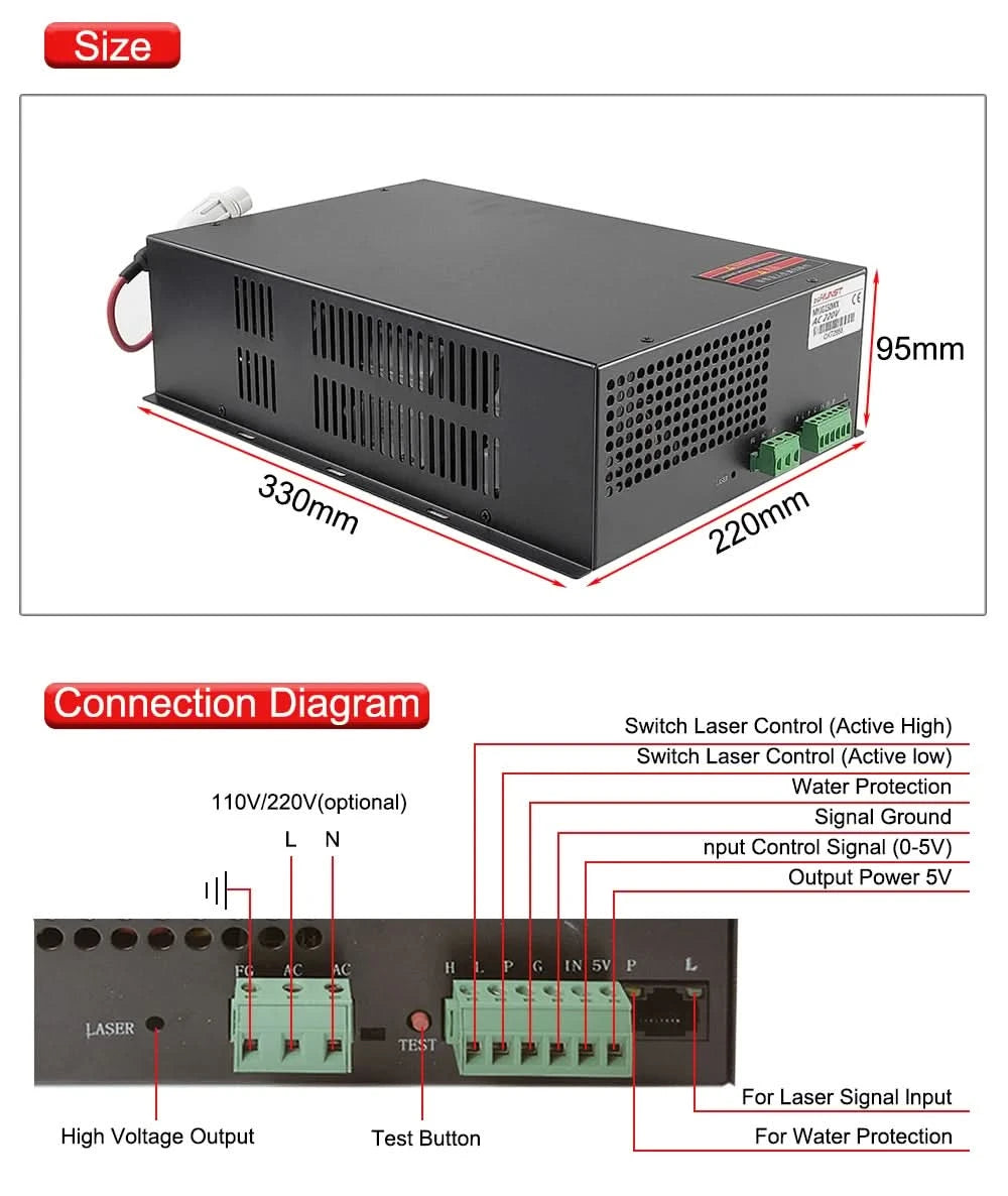 Hunst 130w CO2 Laser Power Supply MYJG-150W Suitable For 130~150w CO2 Engrag And Cutting Machine Glass Tube