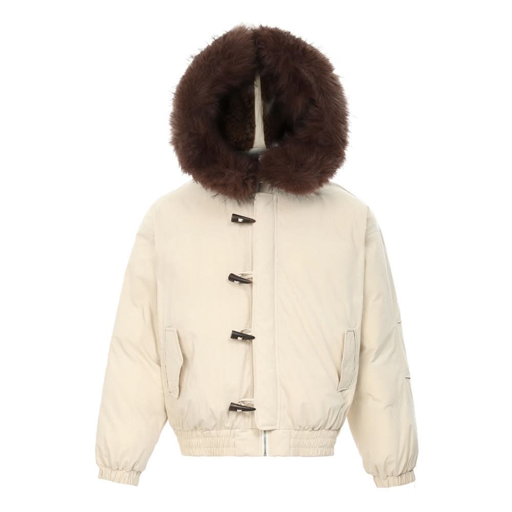 Baumwolljacke mit Kapuze, Pelzkragen und Knöpfen aus Kuhhorn
