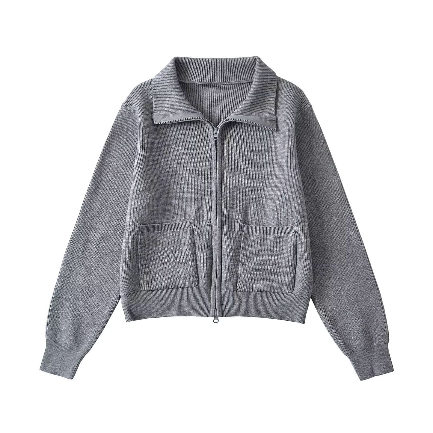 Zipper lapel long sleeved pocket top