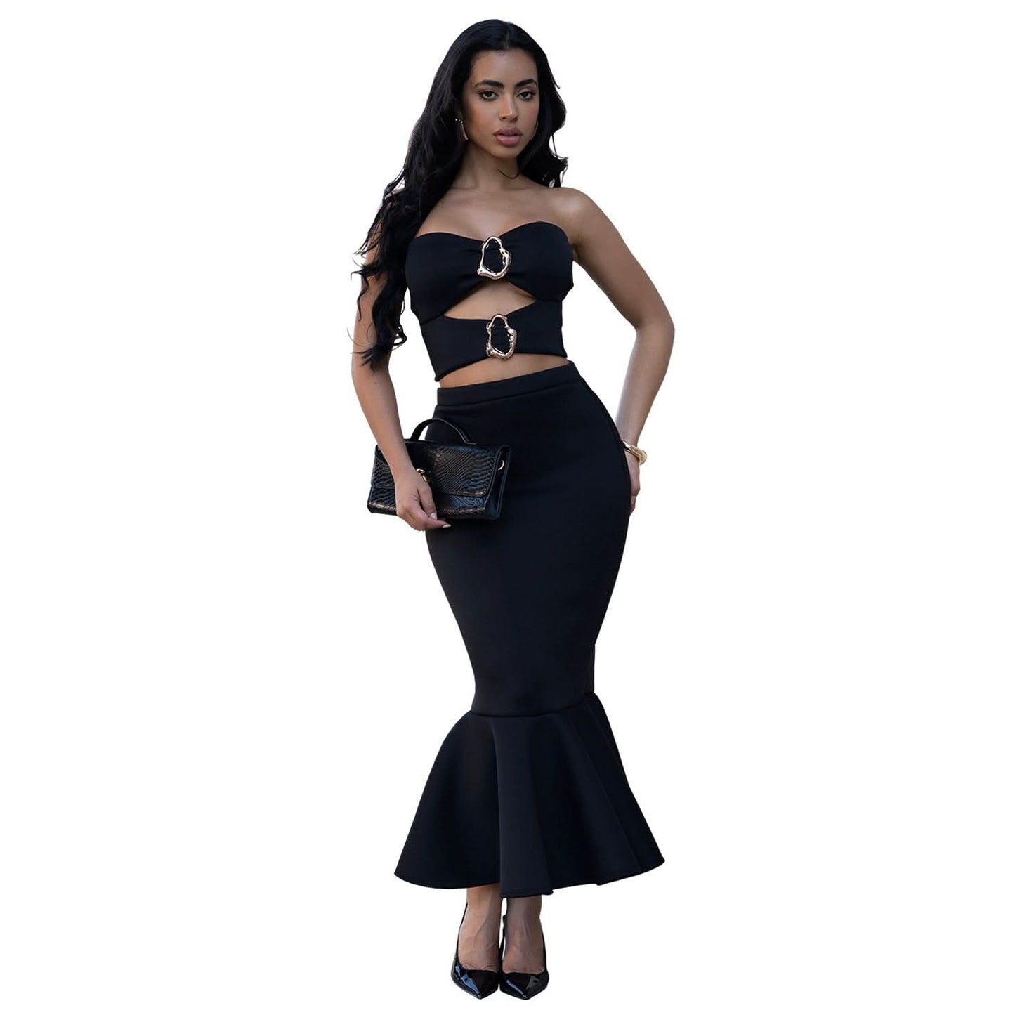 Damen Sexy Trägerloses Oberteil mit Spitzenbesatz und Bodycon Rock Set