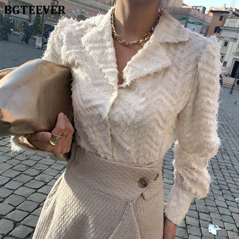 BGTEEVER Elegant Notched Collar Women Tassels Shirts Blouses  Spring New Single-breasted Female Workwear Shirts Tops Blusas