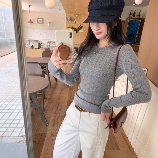 Unique Hollow Out Round Neck Slim Fit Knit Top for Women, Elegant and Slimming Innerwear