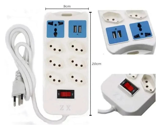 Extension Ruler with 6 Sockets, 2 USB and 1 Universal Socket. 2M Reinforced Cable for Greater Practicality and Safety
