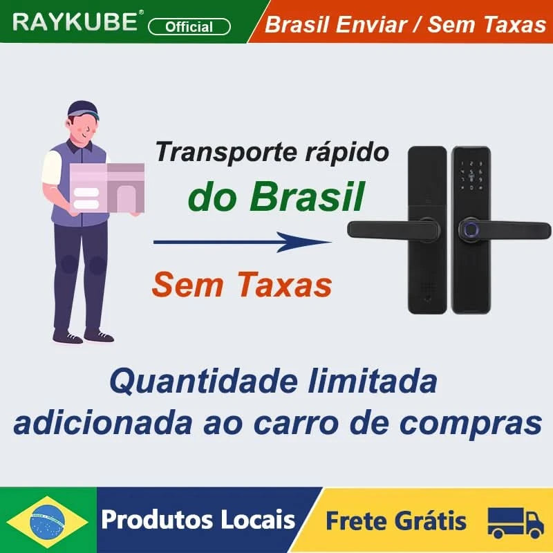 Do Brasil RAYKUBE Black K7 Pro+ Tuya Bluetooth Biometric Fingerprint Door Lock Smart Digital Lock Tuya App Unlock Keyless Lock