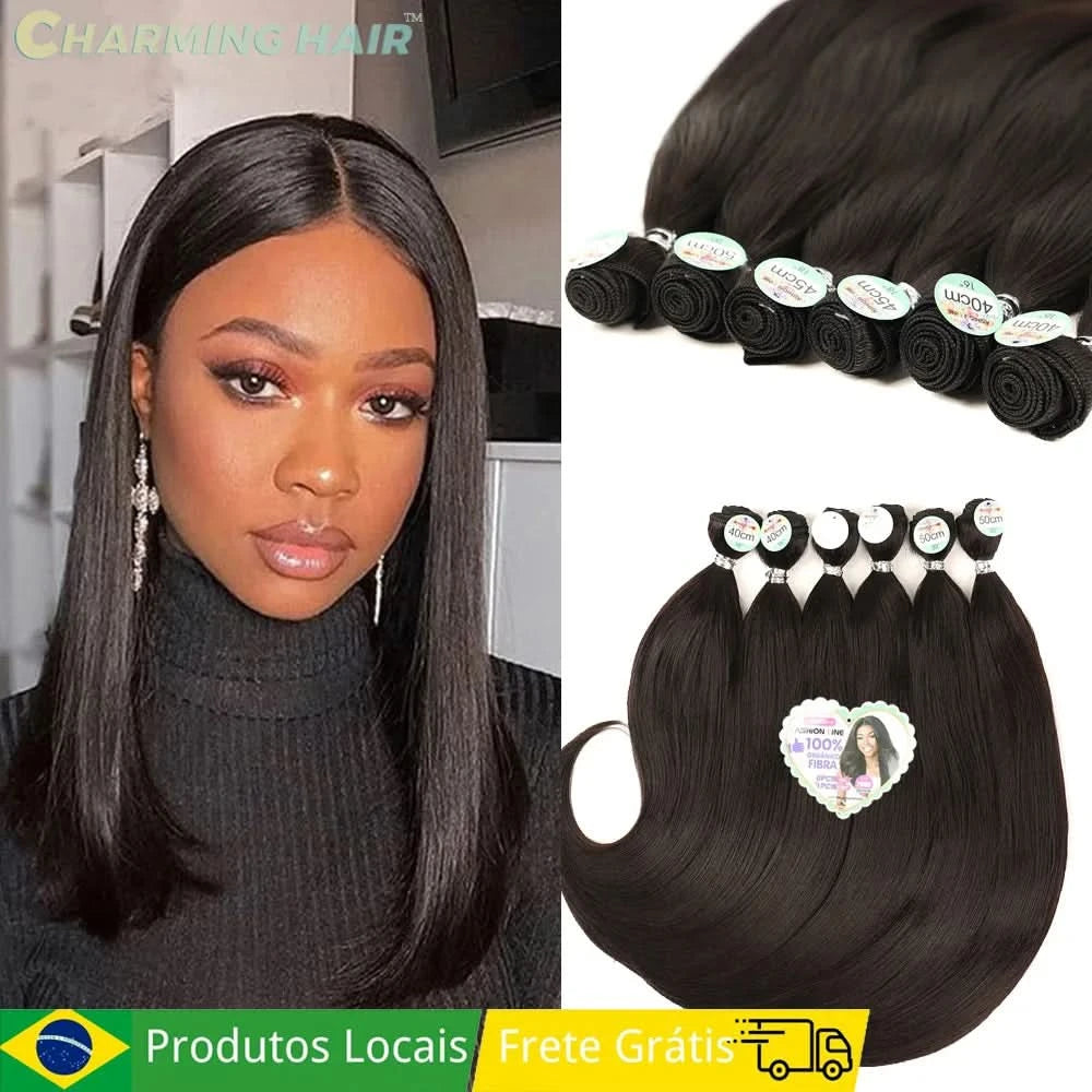 Cabelo Orgânico Curto Liso Feminina Pontas Cacheadas Entrelace Extensões Fibra Química Orgânica 260g 6+1Pas  PERLLA MAX