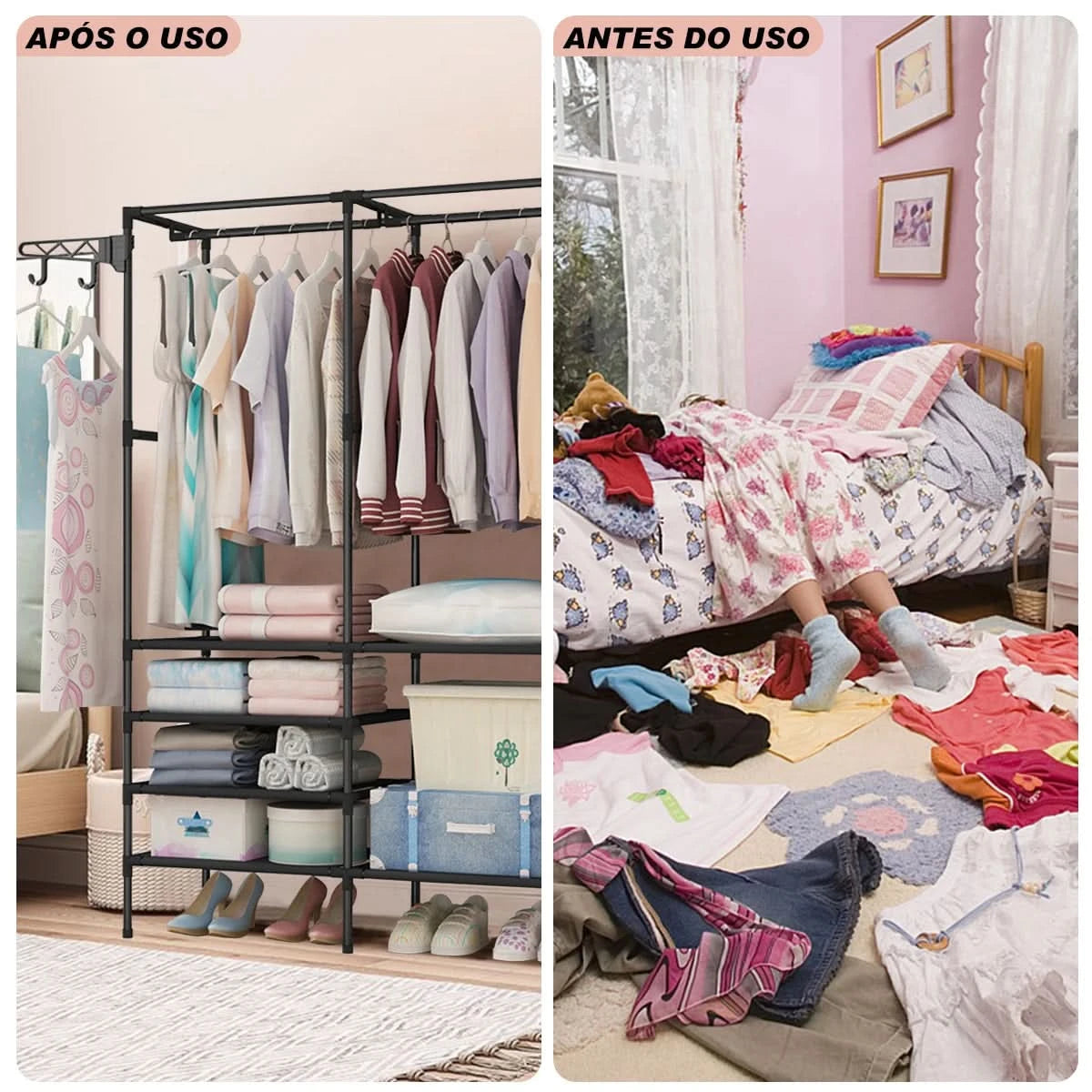 Garderobenständer Schuhregal Ständer Tragbarer Kleiderschrank Multifunktionales Schuhregal Mehrzweck Groß Zerlegbarer Schuh-Organizer (Schwarz)