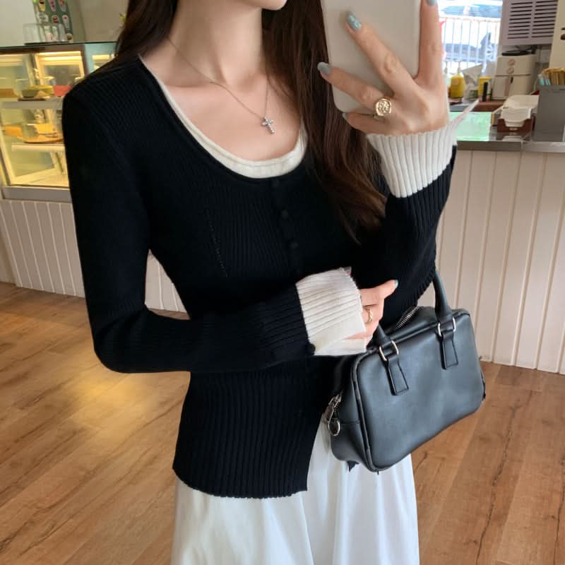 Eleganter rosa Langarm-Strickpullover für Damen, taillierter Slim-Fit, Lagenlook-Top