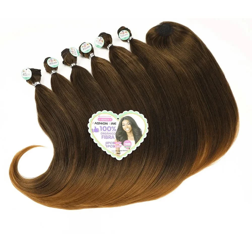 Cabelo Orgânico Curto Liso Feminina Pontas Cacheadas Entrelace Extensões Fibra Química Orgânica 260g 6+1Pas  PERLLA MAX