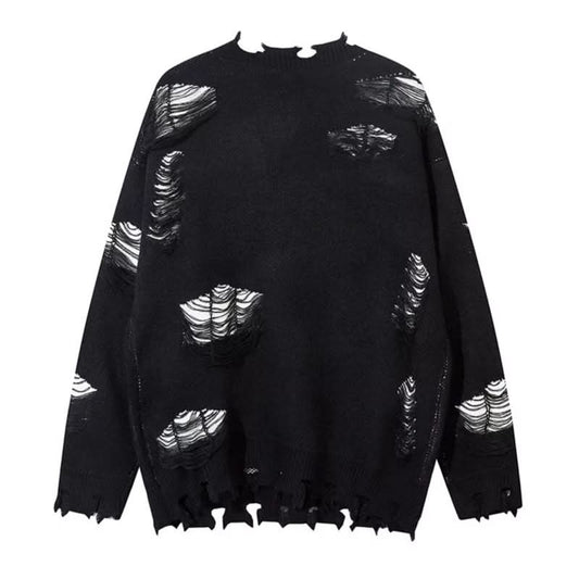 Knitted Sweater with Ripped Chain Splicing  Casual Couple's Loose Sweater