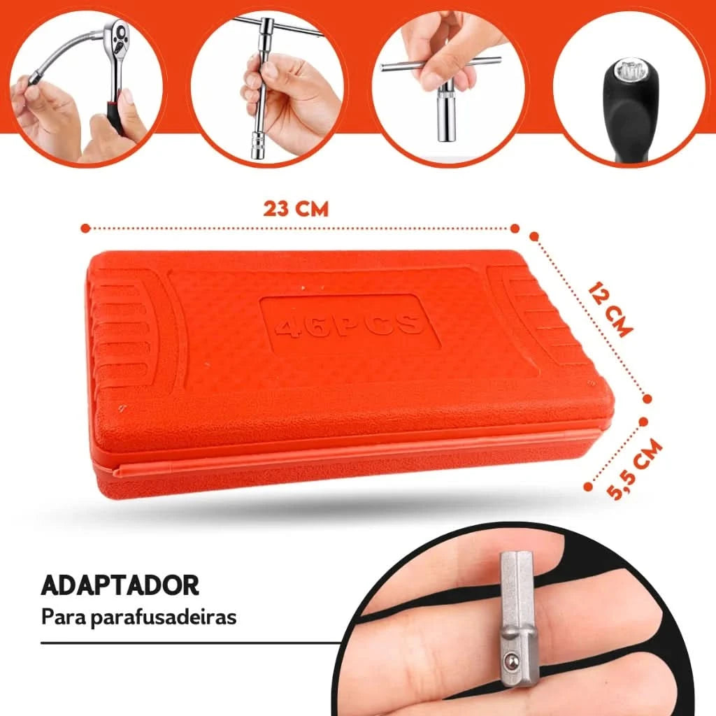 Jogo De Soquete 46 Peças 1/4'' Aço Crv Com Catraca Completo