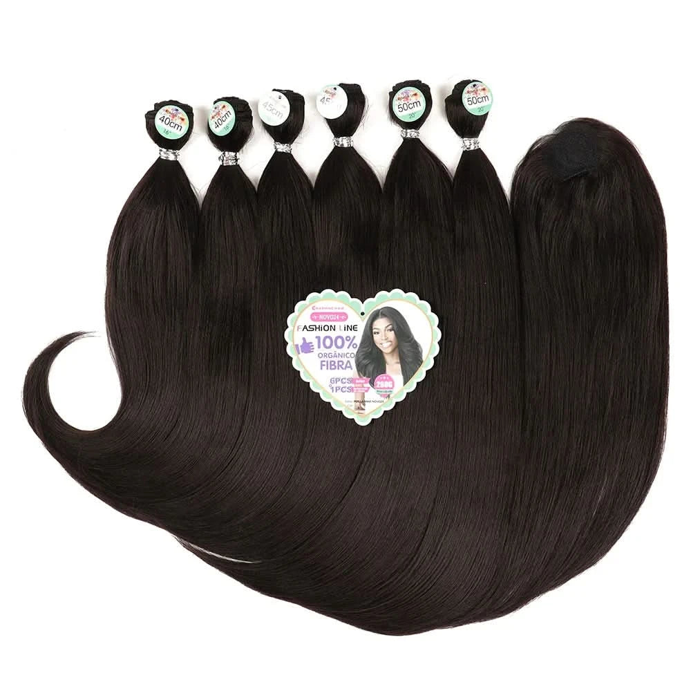 Cabelo Orgânico Curto Liso Feminina Pontas Cacheadas Entrelace Extensões Fibra Química Orgânica 260g 6+1Pas  PERLLA MAX