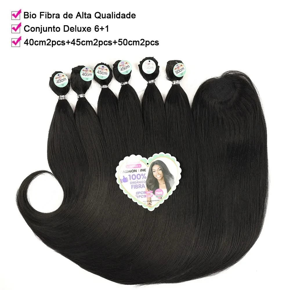 Cabelo Orgânico Curto Liso Feminina Pontas Cacheadas Entrelace Extensões Fibra Química Orgânica 260g 6+1Pas  PERLLA MAX