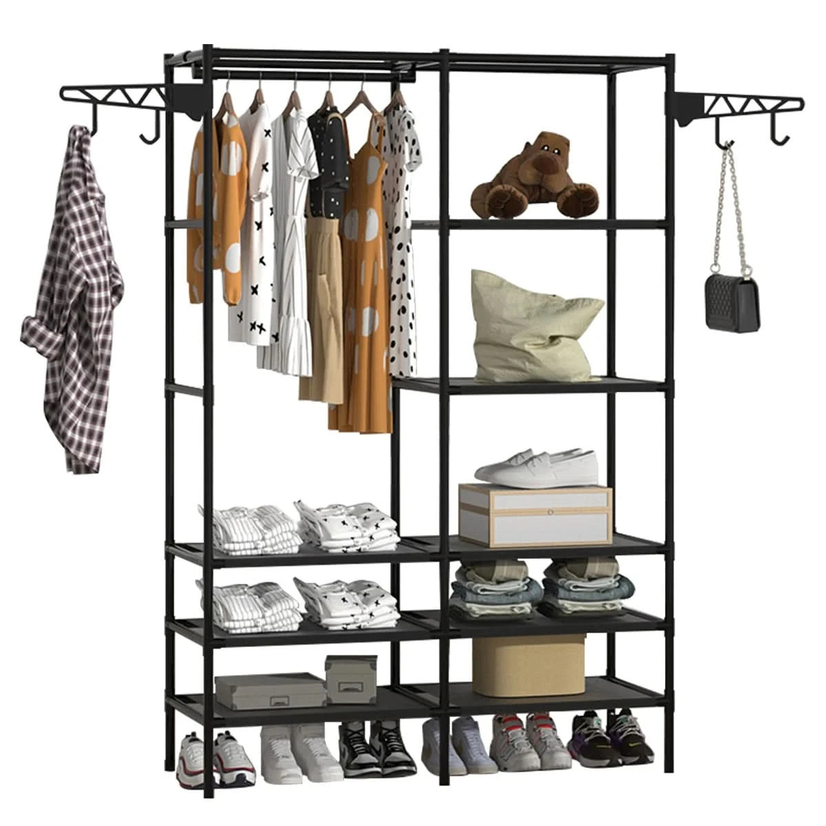 Garderobenständer Schuhregal Ständer Tragbarer Kleiderschrank Multifunktionales Schuhregal Mehrzweck Groß Zerlegbarer Schuh-Organizer (Schwarz)