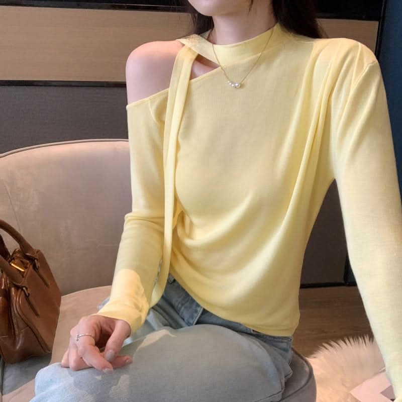 Damen Schnür-Schmetterling Ärmelloses Langarm-T-Shirt, Leichtes Chiffon-Design, Elegantes und figurbetontes Oberteil