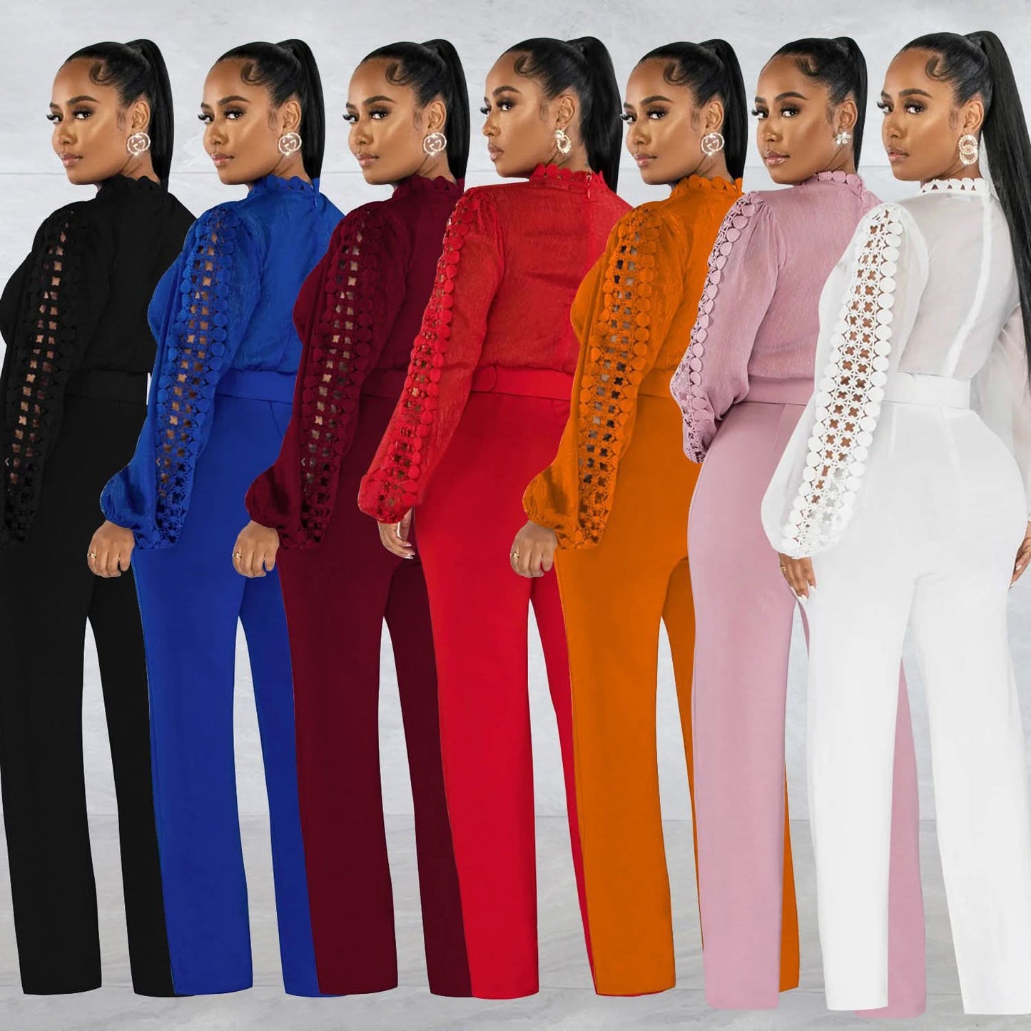 Solid Color Long Sleeve Belted Ruffle Cut-out Trousers Jumpsuit