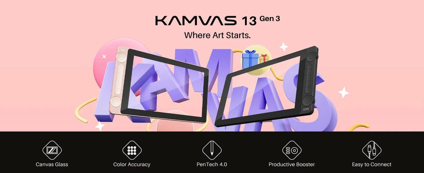 Huion Kamvas 13 Gen 3 Zeichendisplay 13,3" Zeichentablett+Anti-Glanz Glas, 99% sRGB, PenTech 4.0 16384 Stiftdrucksensitivität