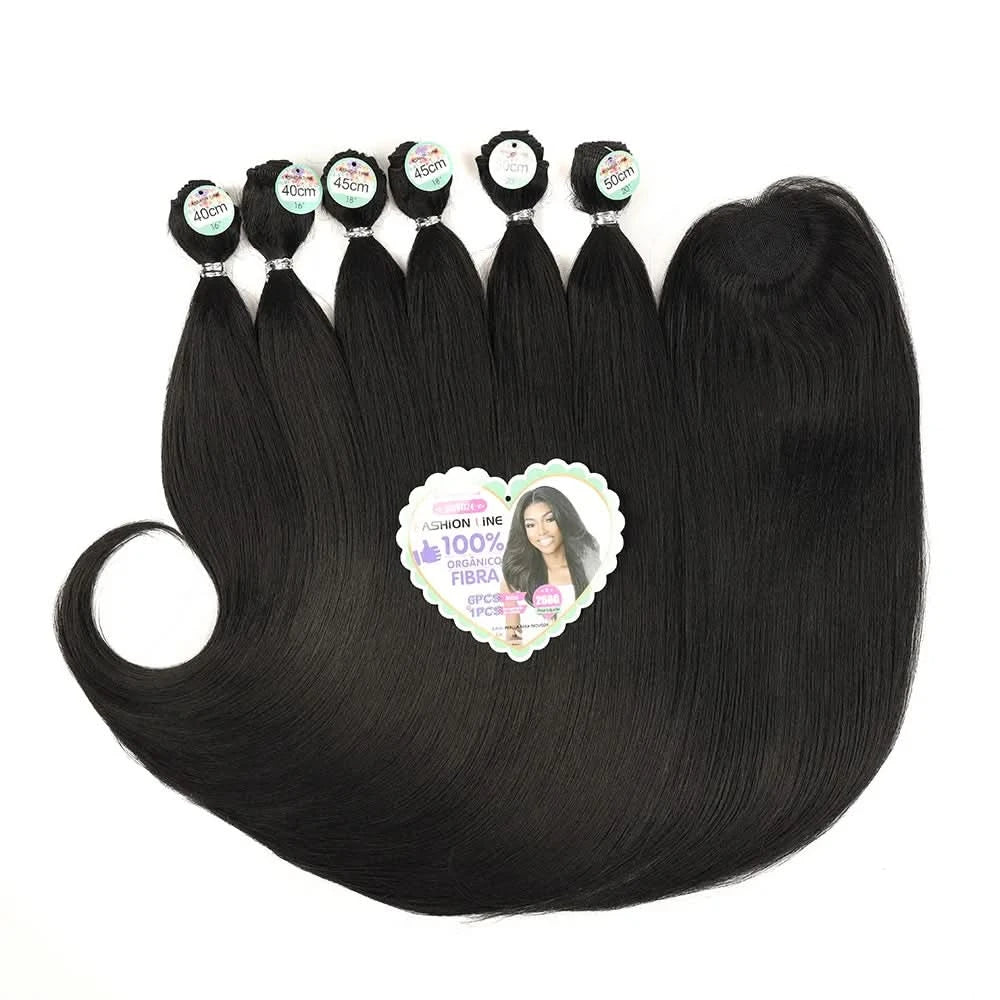 Cabelo Orgânico Curto Liso Feminina Pontas Cacheadas Entrelace Extensões Fibra Química Orgânica 260g 6+1Pas  PERLLA MAX