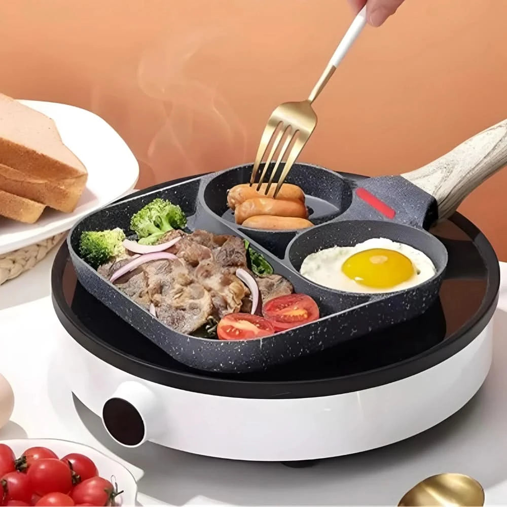 Antihaft-Bratpfanne mit 3 Fächern zum Braten von Eiern, Speck, Fleisch, Hähnchen, Snacks, Mehrzweck