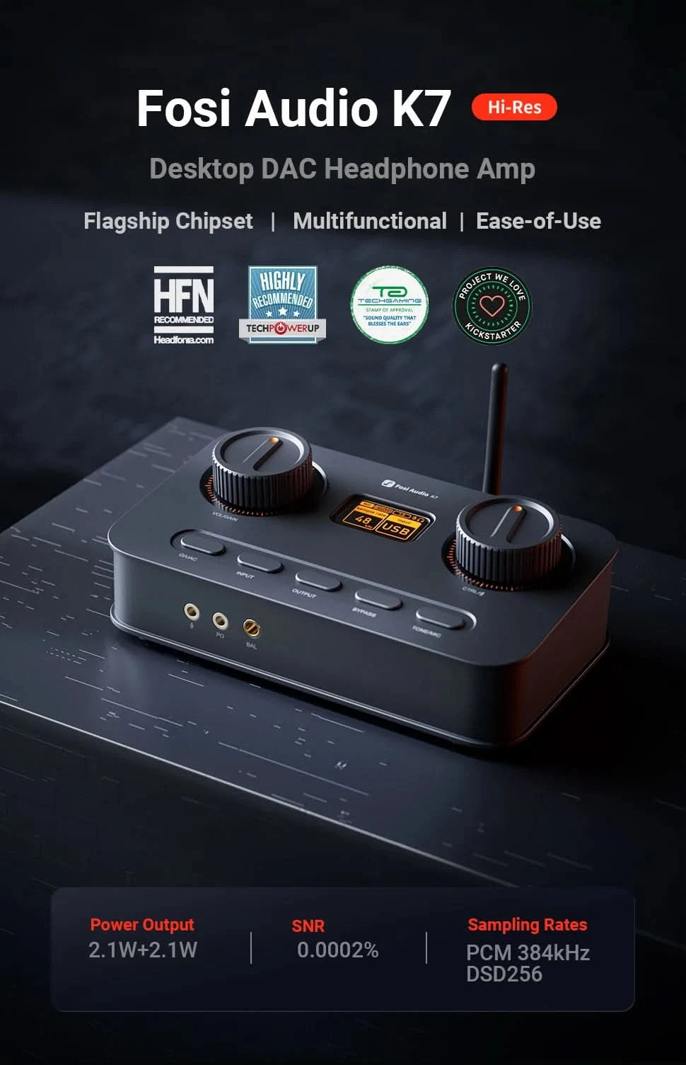Fosi Audio K7 HiFi DAC & Kopfhörerverstärker, AKM4493ESQ DAC-Chip, PCM 384kHz/32Bit & DSD256, Mikrofon-Eingang USB Audio DAC für Gaming