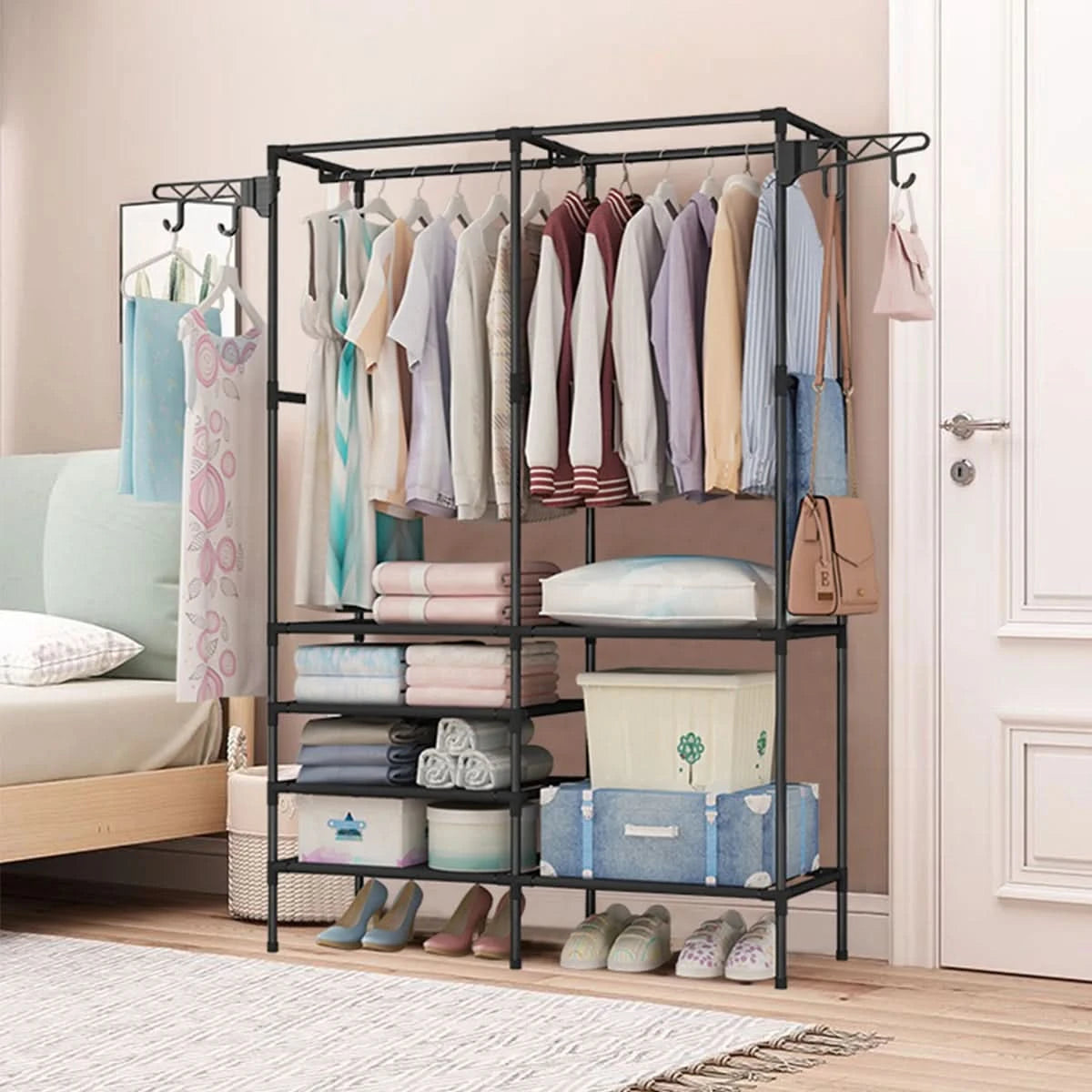 Garderobenständer Schuhregal Ständer Tragbarer Kleiderschrank Multifunktionales Schuhregal Mehrzweck Groß Zerlegbarer Schuh-Organizer (Schwarz)