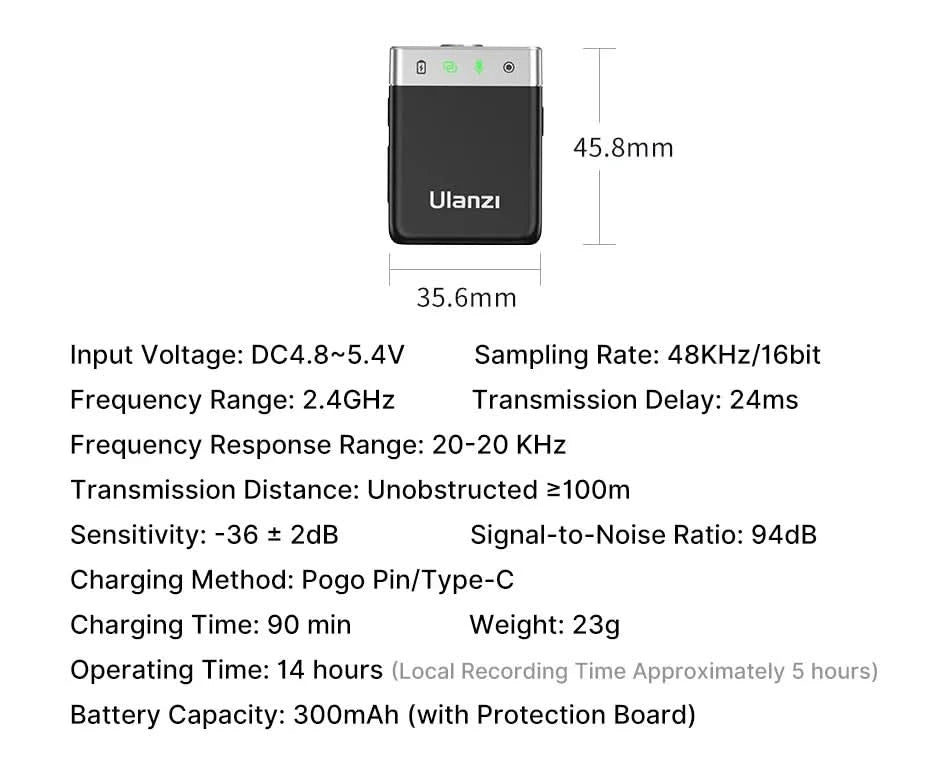 Ulanzi AM18 U-Mic 2.4G Stereo Wireless Microphone 100m Pickup 20+H Dual-Channel Recording for DSLR IOS Android PC Live Interview
