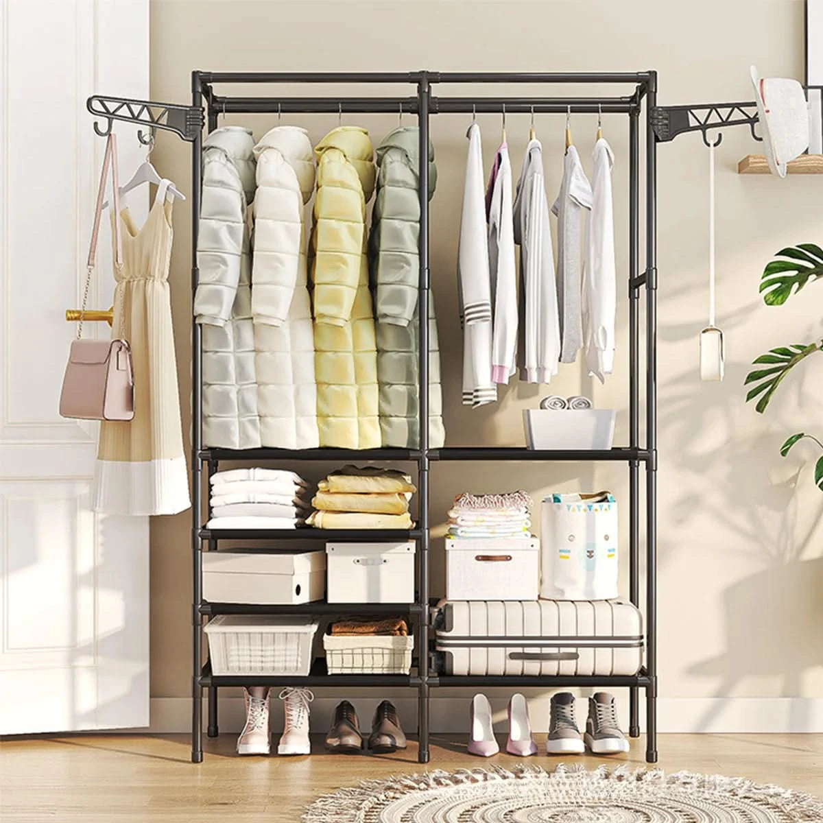 Garderobenständer Schuhregal Ständer Tragbarer Kleiderschrank Multifunktionales Schuhregal Mehrzweck Groß Zerlegbarer Schuh-Organizer (Schwarz)
