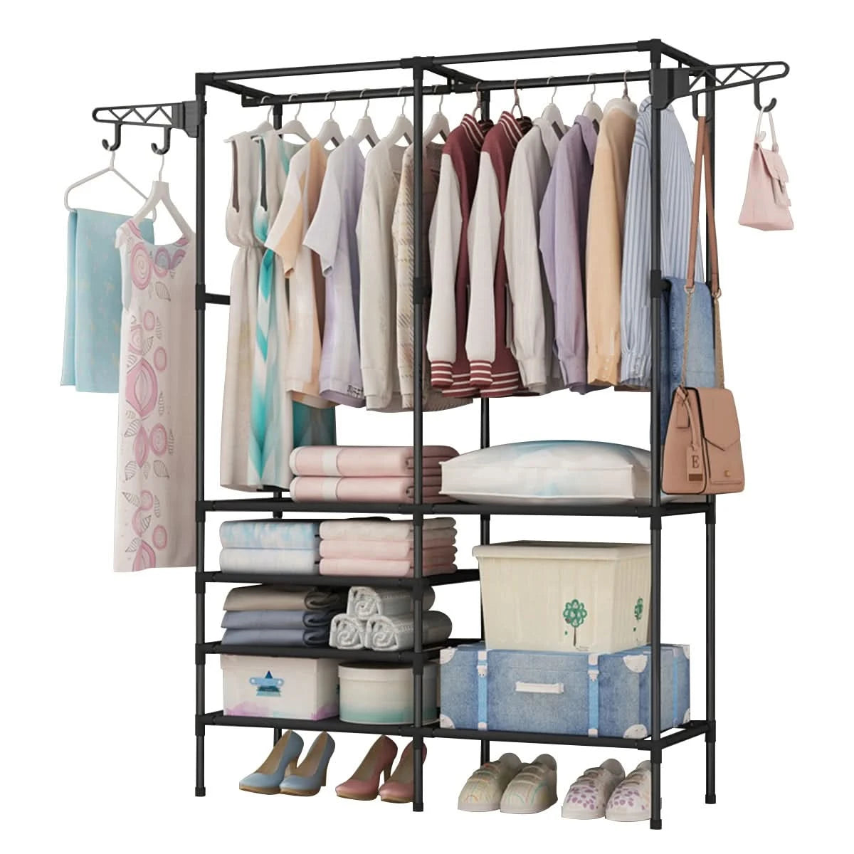 Garderobenständer Schuhregal Ständer Tragbarer Kleiderschrank Multifunktionales Schuhregal Mehrzweck Groß Zerlegbarer Schuh-Organizer (Schwarz)