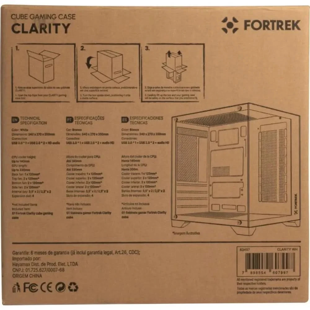 Cabinet Gamer Fortrek Clarity, Mid Tower, Tempered Glass, MATX, White, Without Source, No Fans