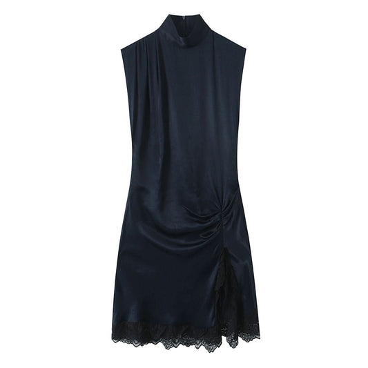 Lace patchwork satin texture mini dress