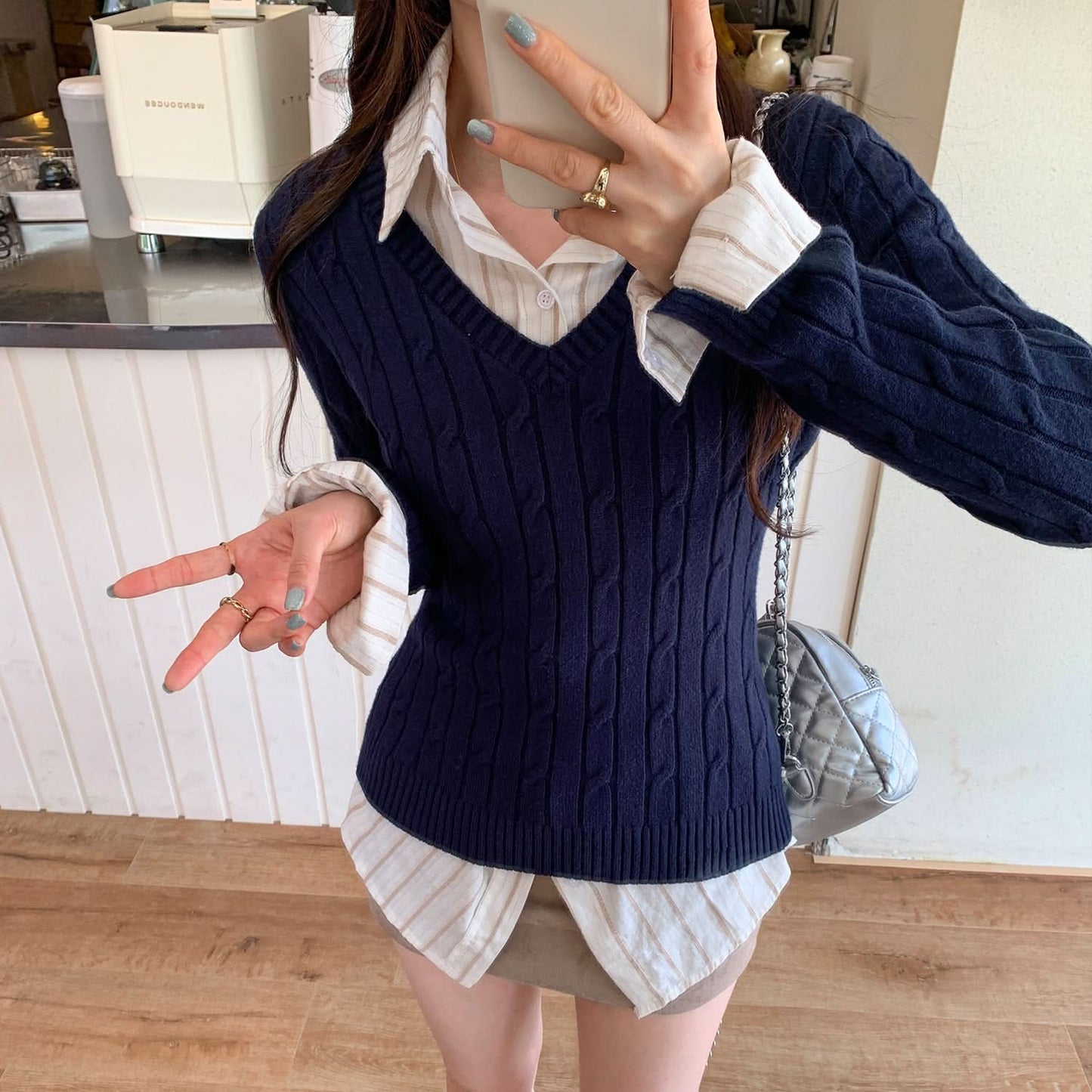 Einfarbiger Zopfmuster-V-Ausschnitt Langarm-Pullover für Damen