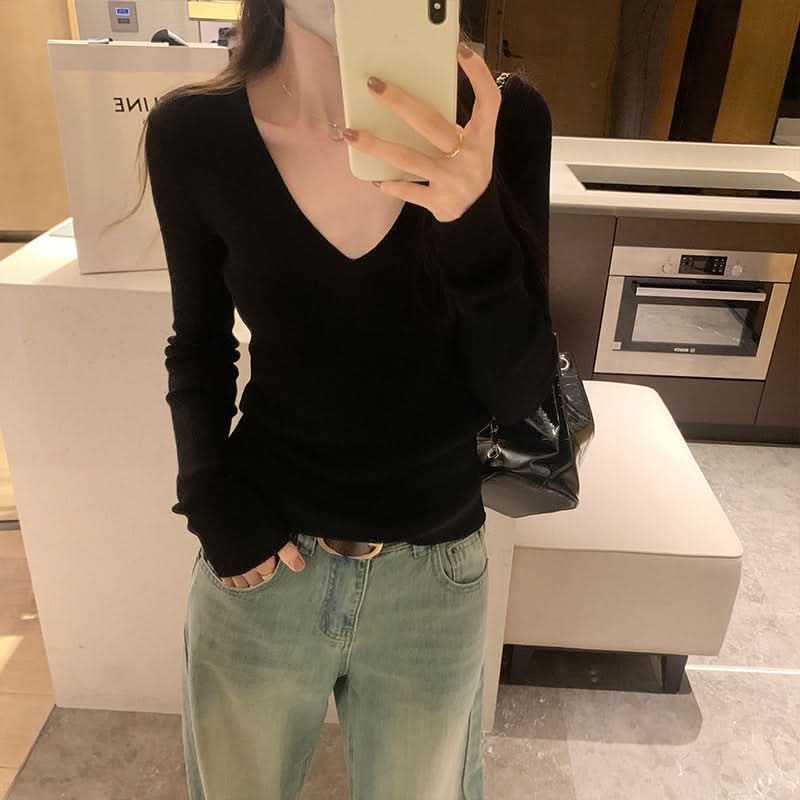 V-Ausschnitt Strickpullover für Damen im Lazy Style, weiches Langarm-Oberteil, Basic-Unterziehshirt