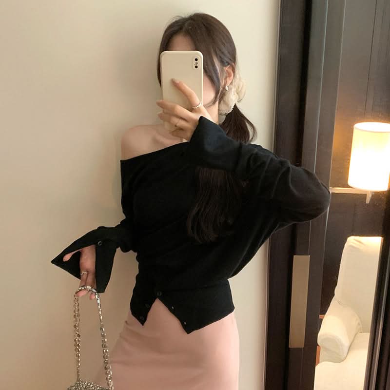 Locker fallendes weiches Oberteil mit schulterfreiem, asymmetrischem One-Shoulder-Design und lockerem Strick für Damen