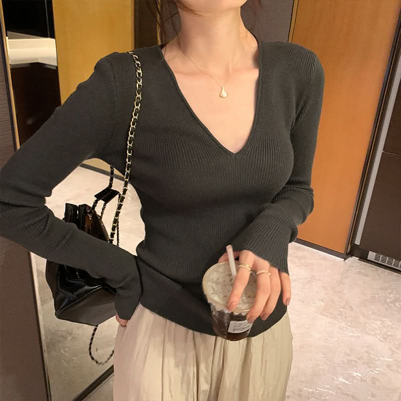 V-Ausschnitt Strickpullover für Damen im Lazy Style, weiches Langarm-Oberteil, Basic-Unterziehshirt