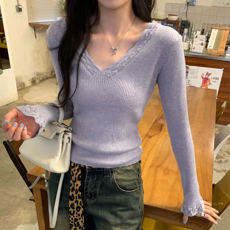 Eleganter violetter V-Ausschnitt-Strickpullover für Damen, schmal geschnitten, Langarm, Freizeitkleidung